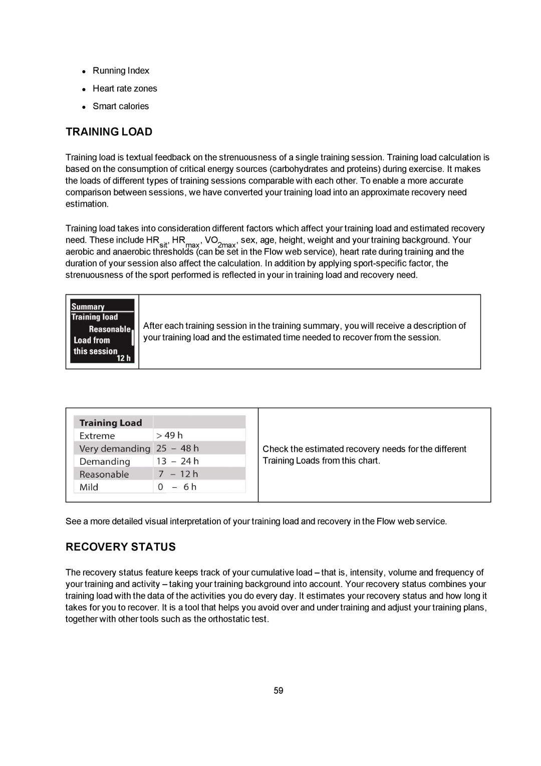 Polar V800 manual Training Load, Recovery Status 
