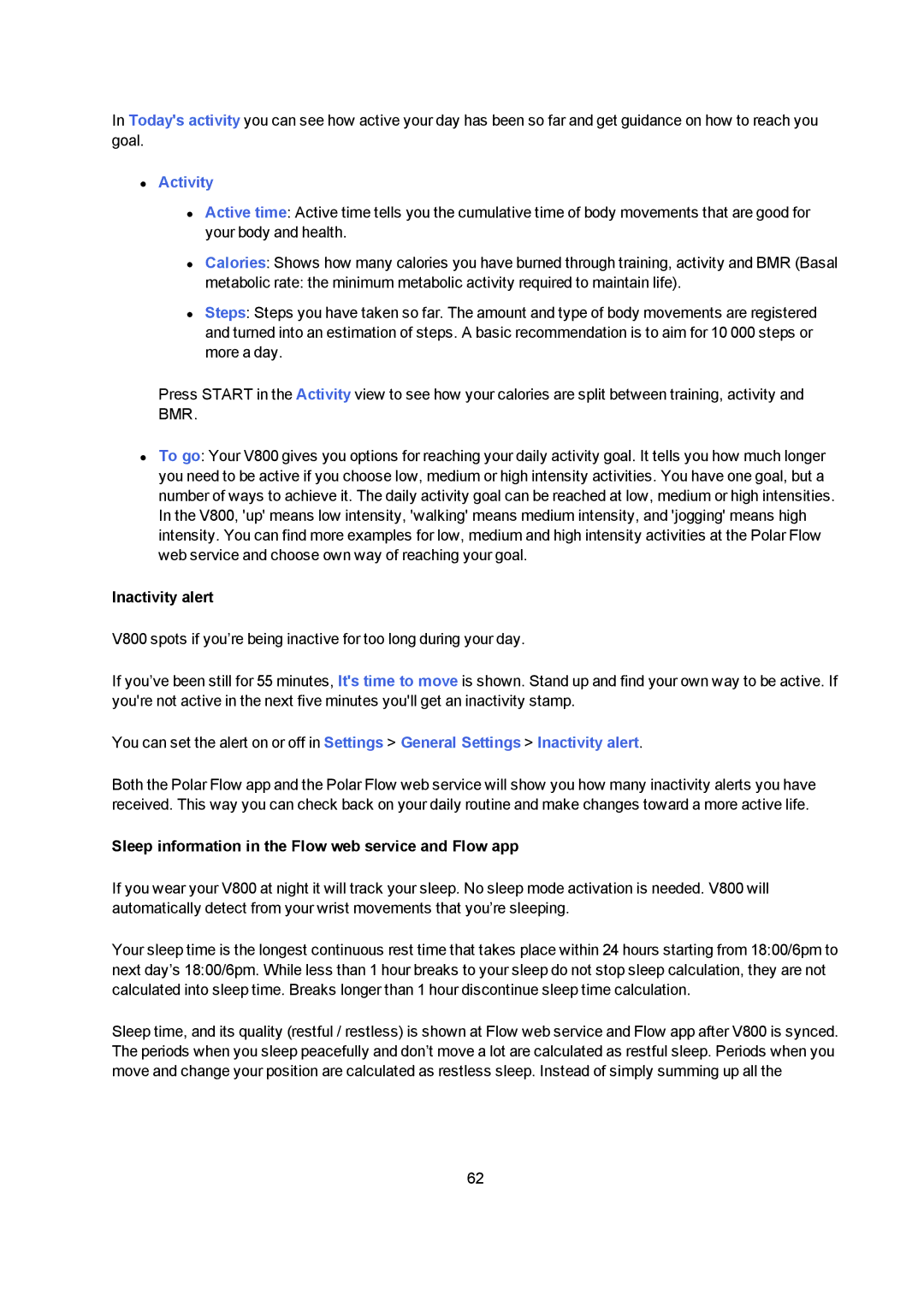 Polar V800 manual Inactivity alert, Sleep information in the Flow web service and Flow app 