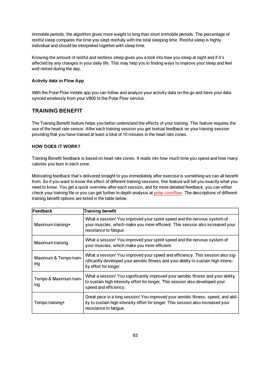 Polar V800 manual Training Benefit, Activity data in Flow App, HOW does IT WORK?, Feedback Training benefit 