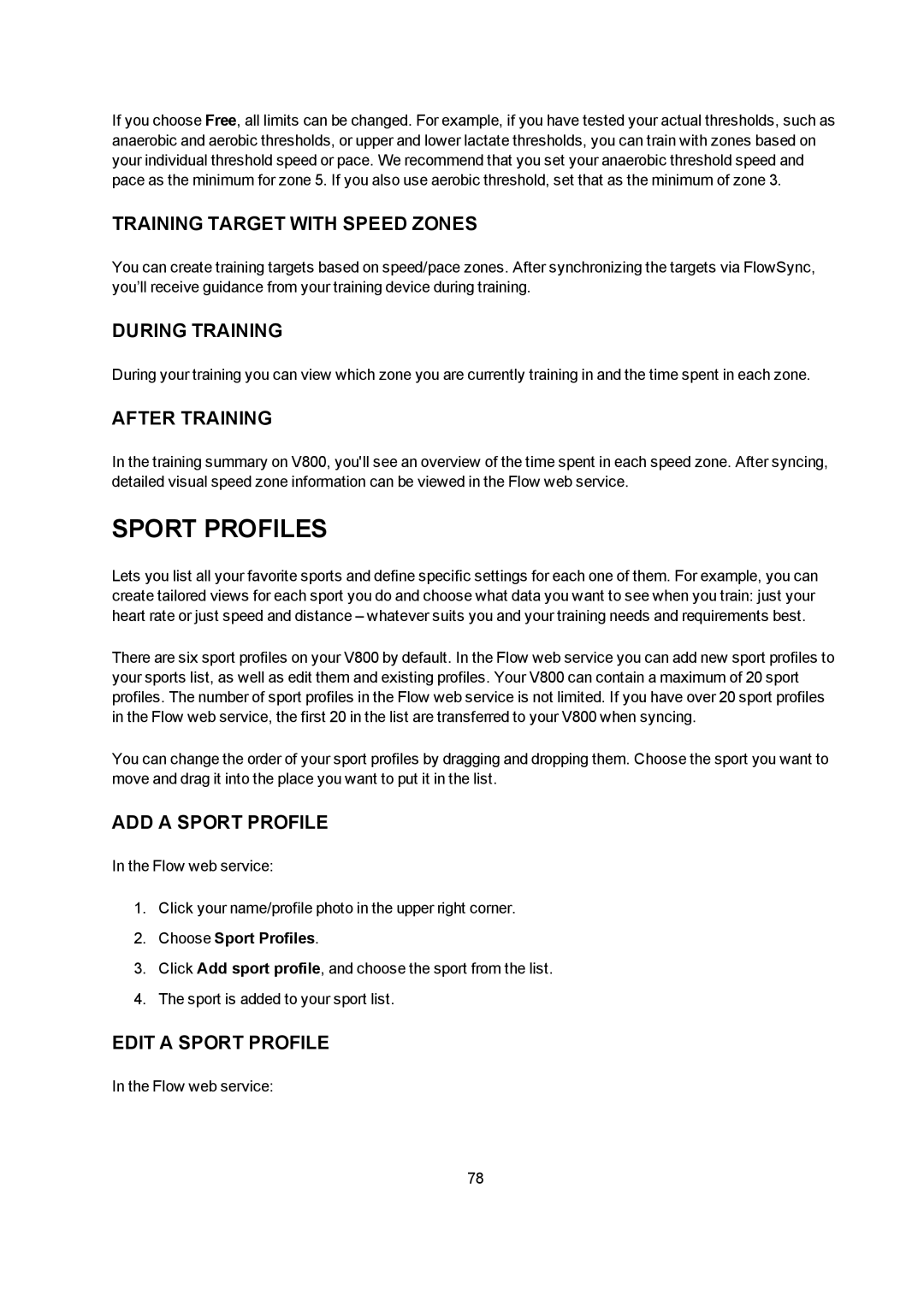 Polar V800 Sport Profiles, Training Target with Speed Zones, After Training, ADD a Sport Profile, Edit a Sport Profile 