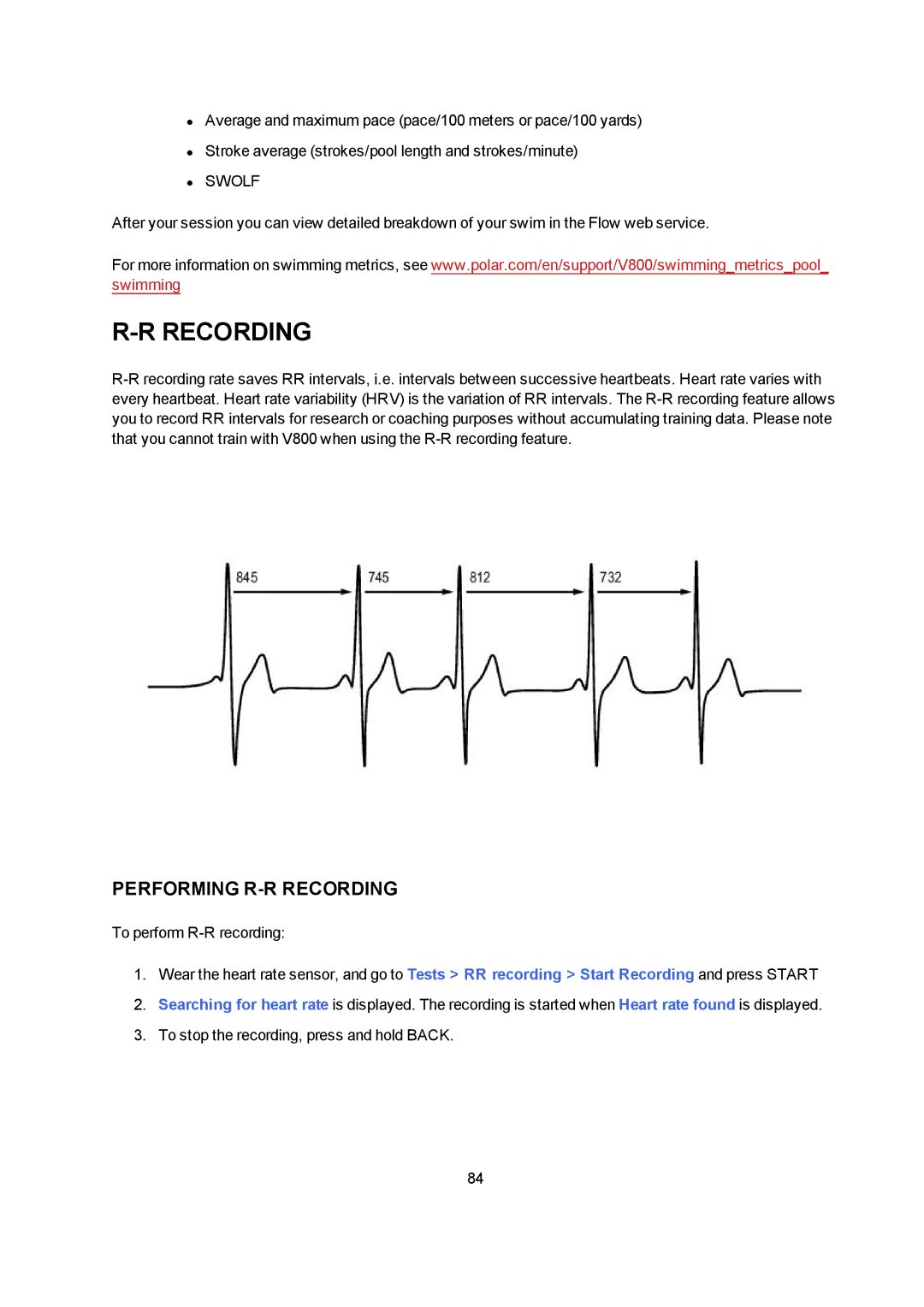 Polar V800 manual Performing R-R Recording 