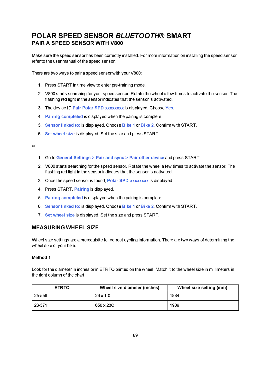 Polar V800 manual Polar Speed Sensor Bluetooth Smart, Pair a Speed Sensor with, Measuring Wheel Size, Etrto 