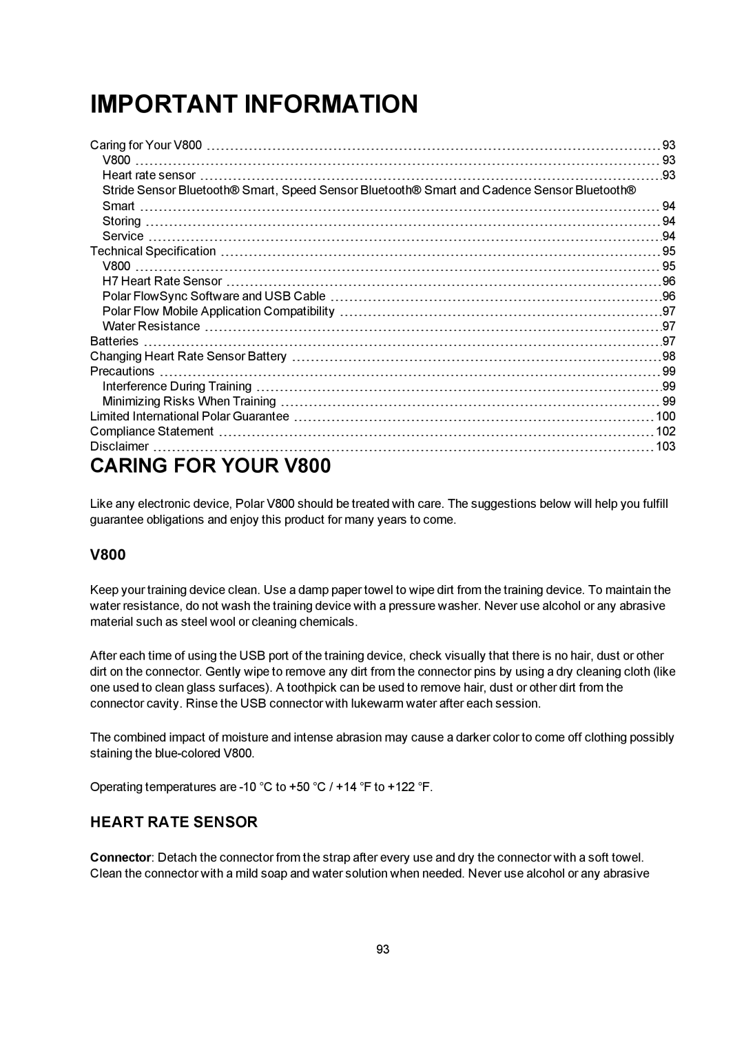 Polar V800 manual Important Information, Caring for Your, Heart Rate Sensor 