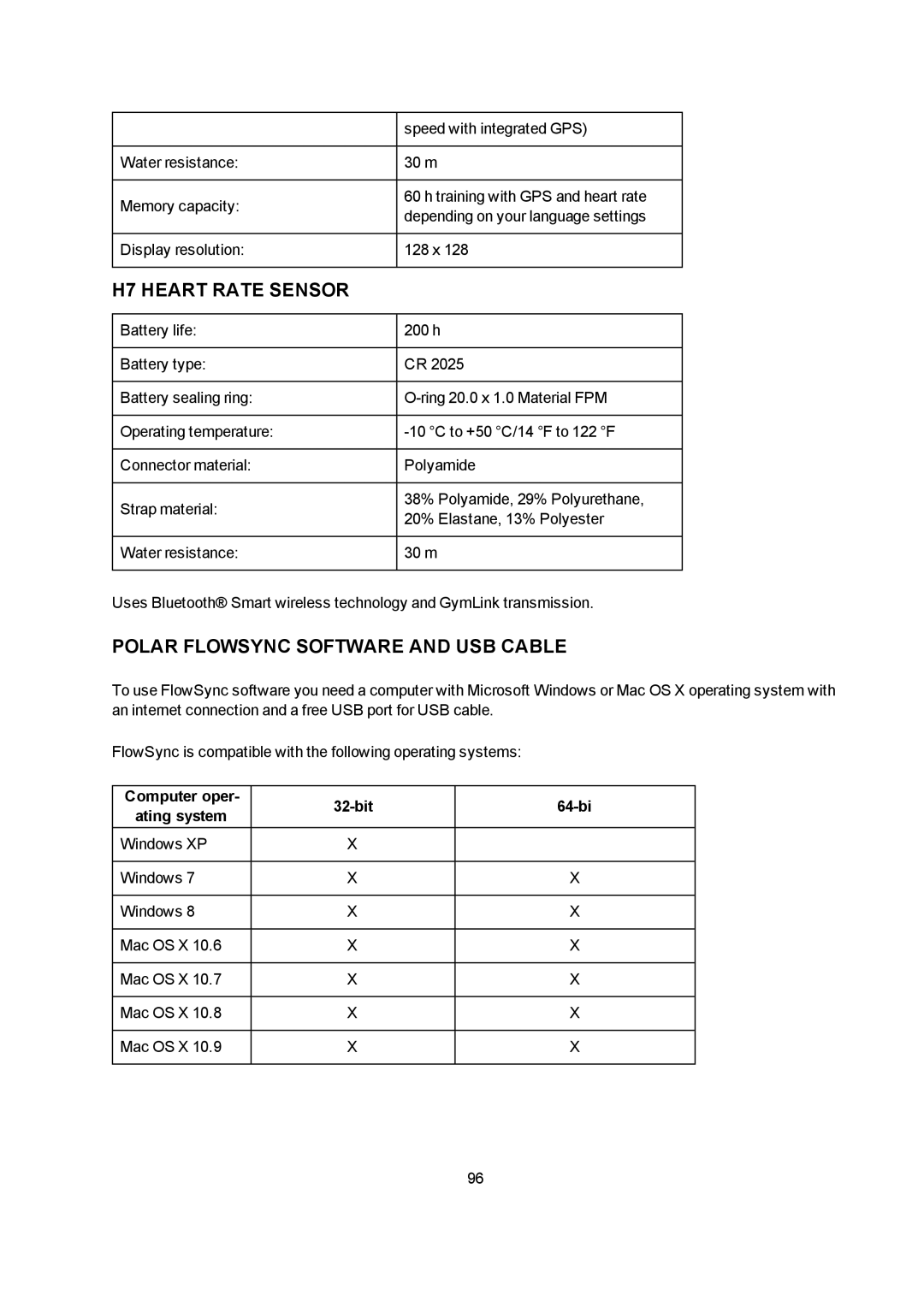 Polar V800 manual H7 Heart Rate Sensor, Polar Flowsync Software and USB Cable, Computer oper 32-bit 64-bi Ating system 