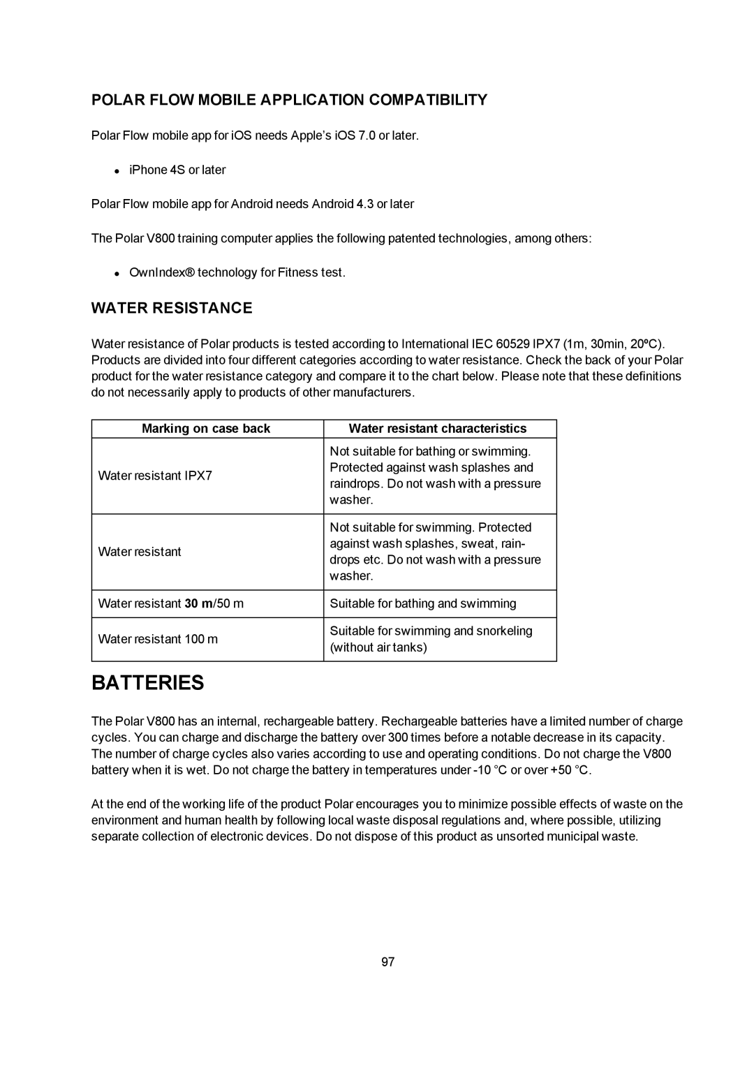 Polar V800 manual Batteries, Polar Flow Mobile Application Compatibility, Water Resistance 