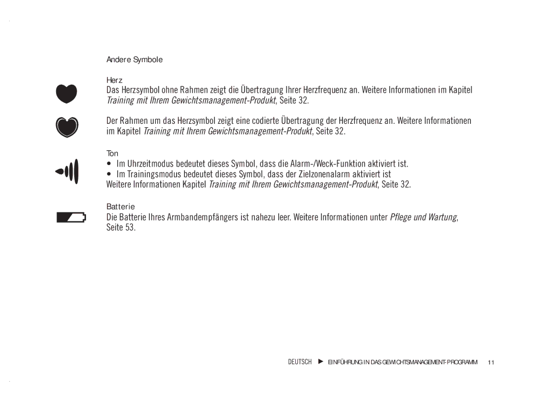 Polar WM42, WM41 user manual Andere Symbole Herz, Ton, Batterie 