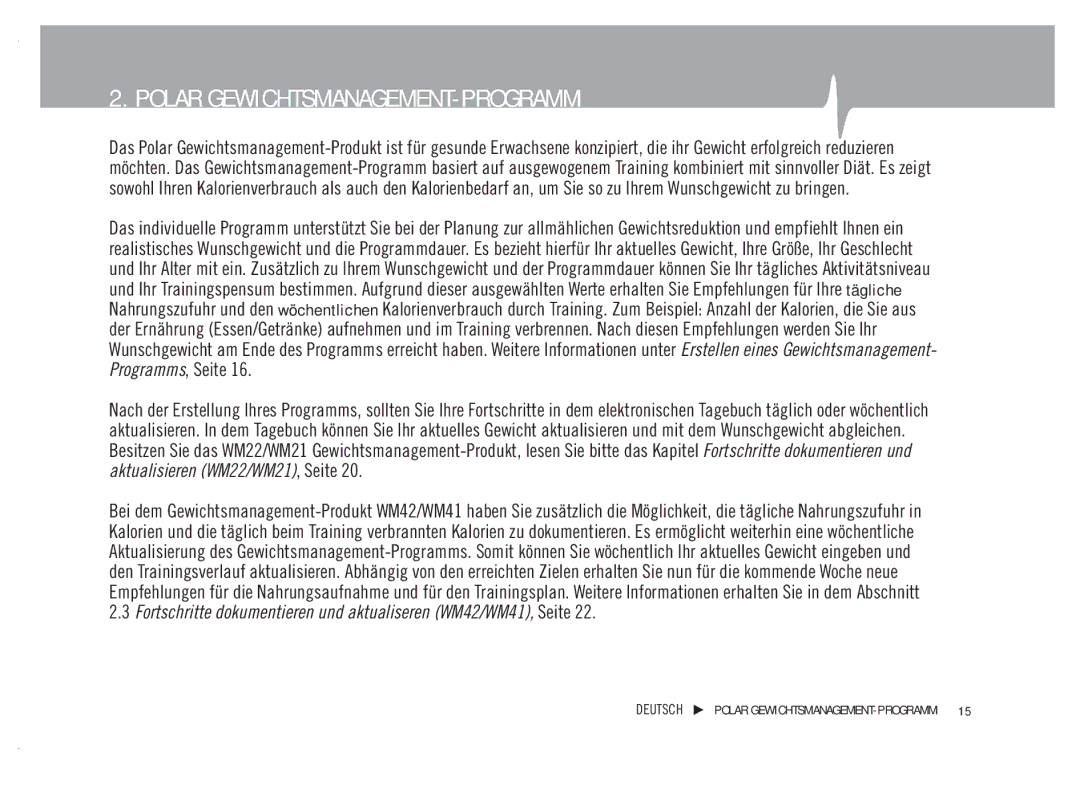 Polar WM42, WM41 user manual Polar GEWICHTSMANAGEMENT-PROGRAMM 