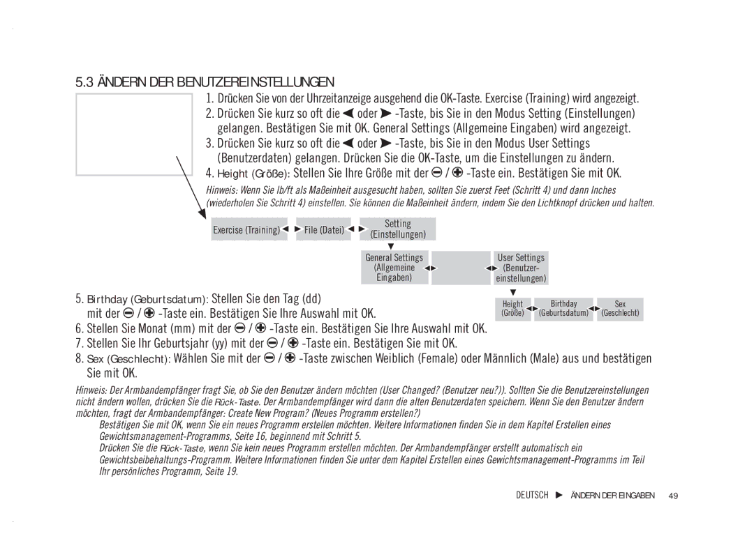 Polar WM42, WM41 user manual Ändern DER Benutzereinstellungen 