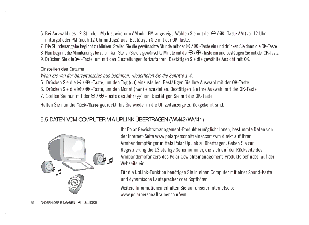 Polar WM41, WM42 user manual Einstellen des Datums, Weitere Informationen erhalten Sie auf unserer Internetseite 