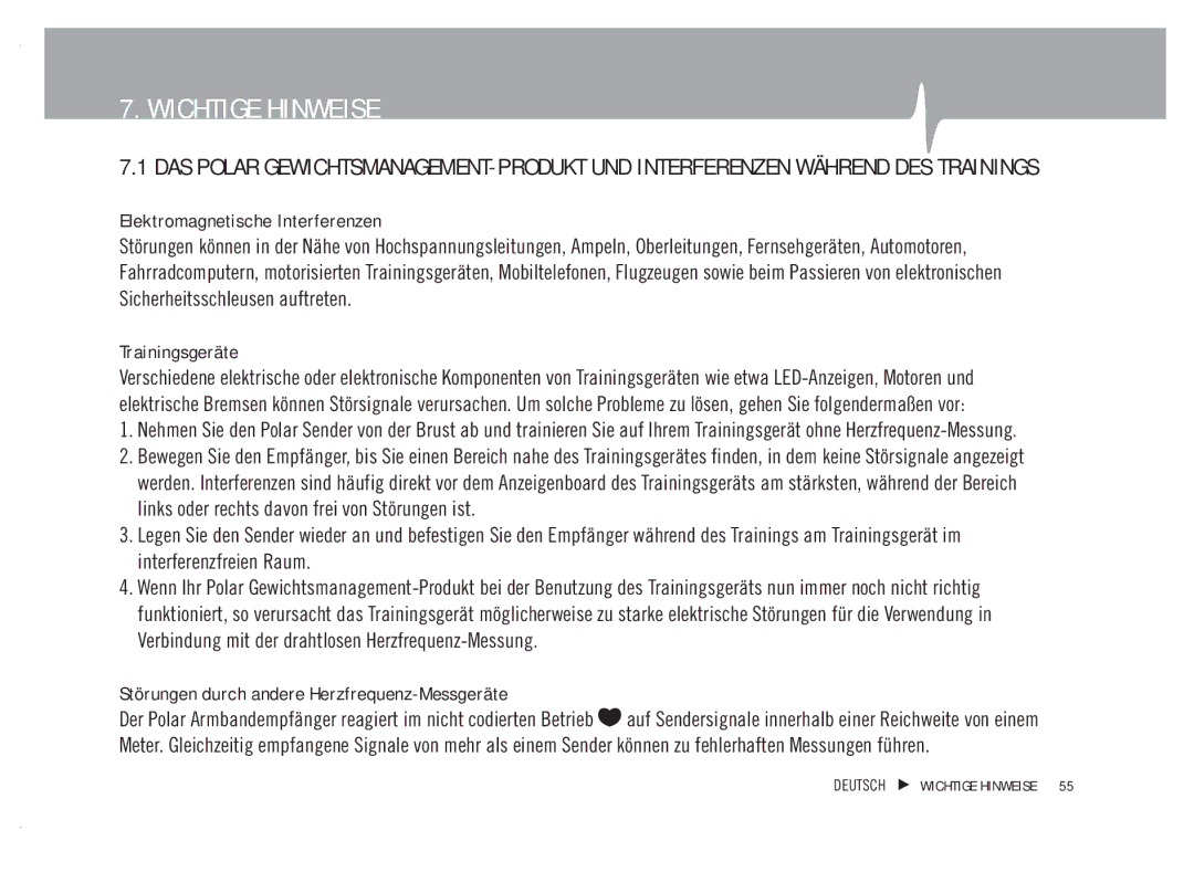 Polar WM42, WM41 user manual Wichtige Hinweise, Elektromagnetische Interferenzen, Trainingsgeräte 