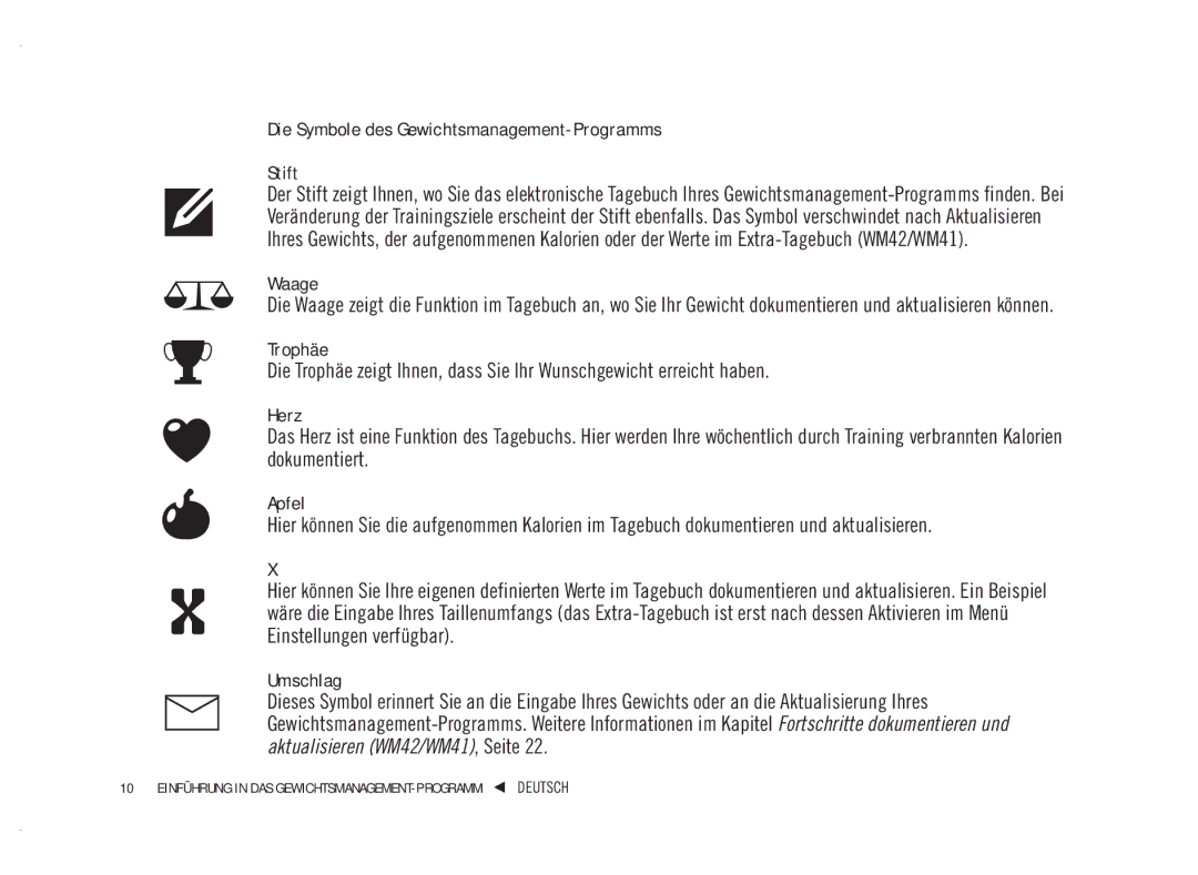 Polar WM41, WM42 user manual Die Symbole des Gewichtsmanagement-Programms Stift, Waage, Trophäe 