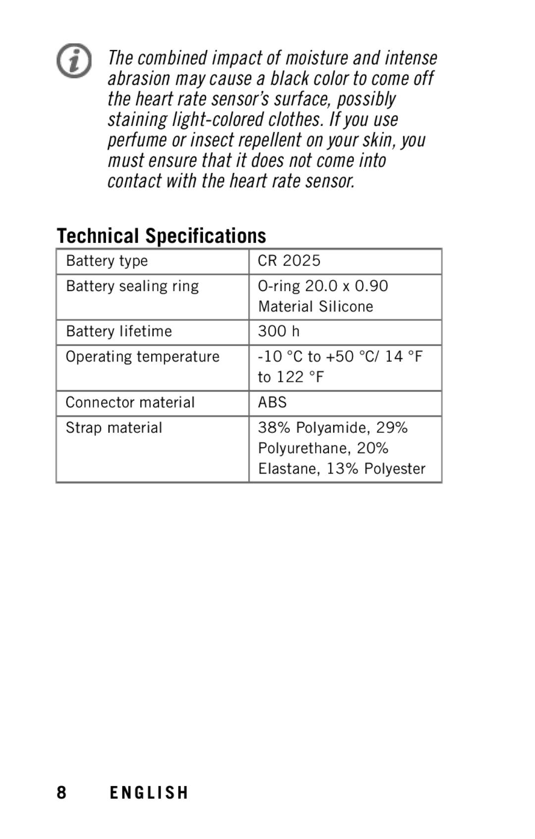 Polar X9 user manual Technical Specifications 