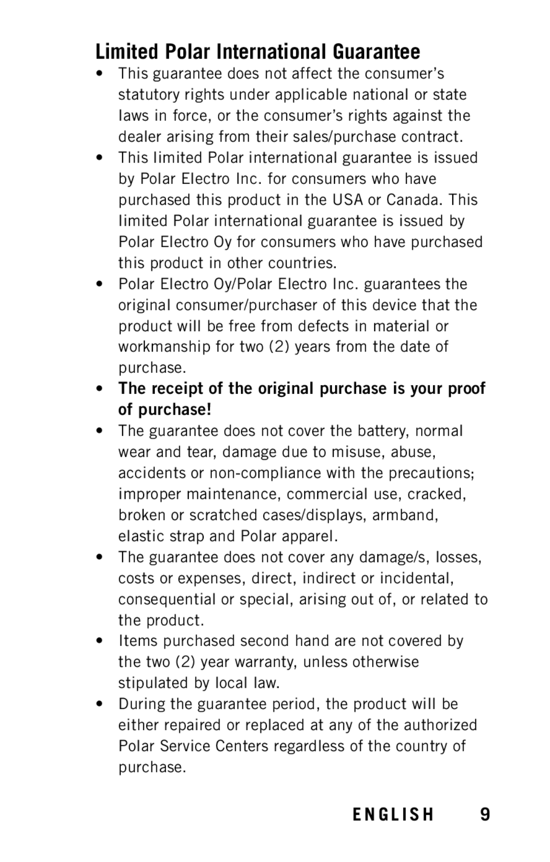 Polar X9 user manual Limited Polar International Guarantee, Receipt of the original purchase is your proof of purchase 