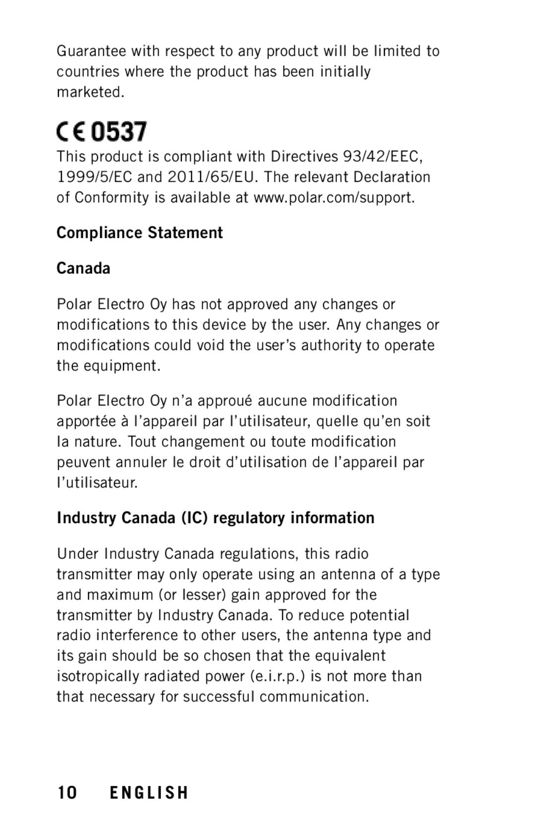 Polar X9 user manual Compliance Statement Canada, Industry Canada IC regulatory information 