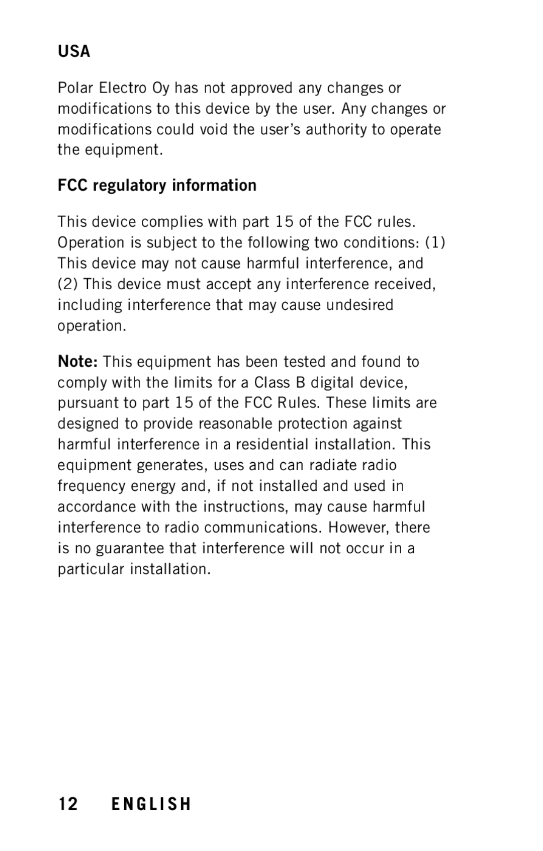 Polar X9 user manual Usa, FCC regulatory information 