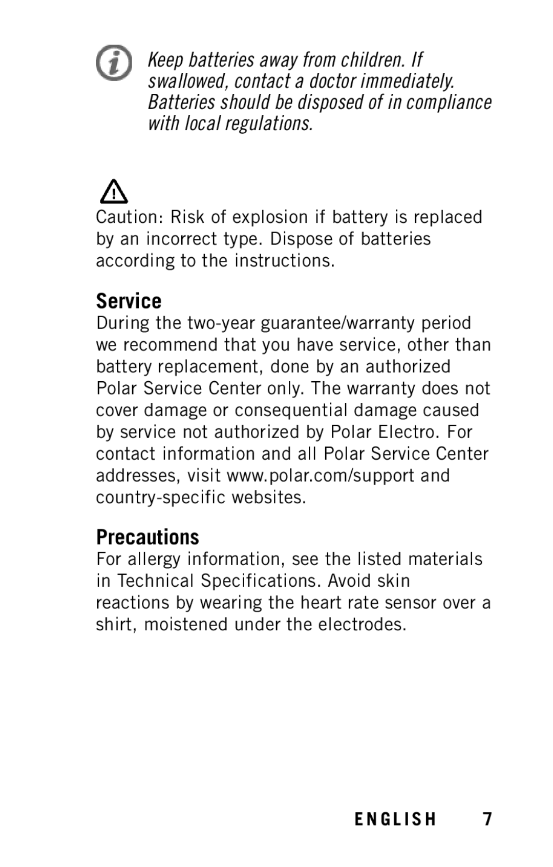 Polar X9 user manual Service Precautions 