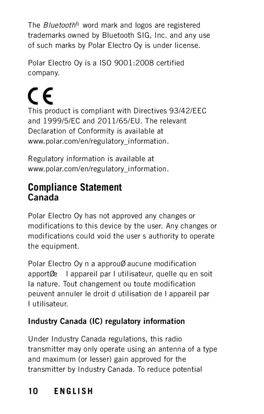 Polar Y8 user manual Compliance Statement, Industry Canada IC regulatory information 