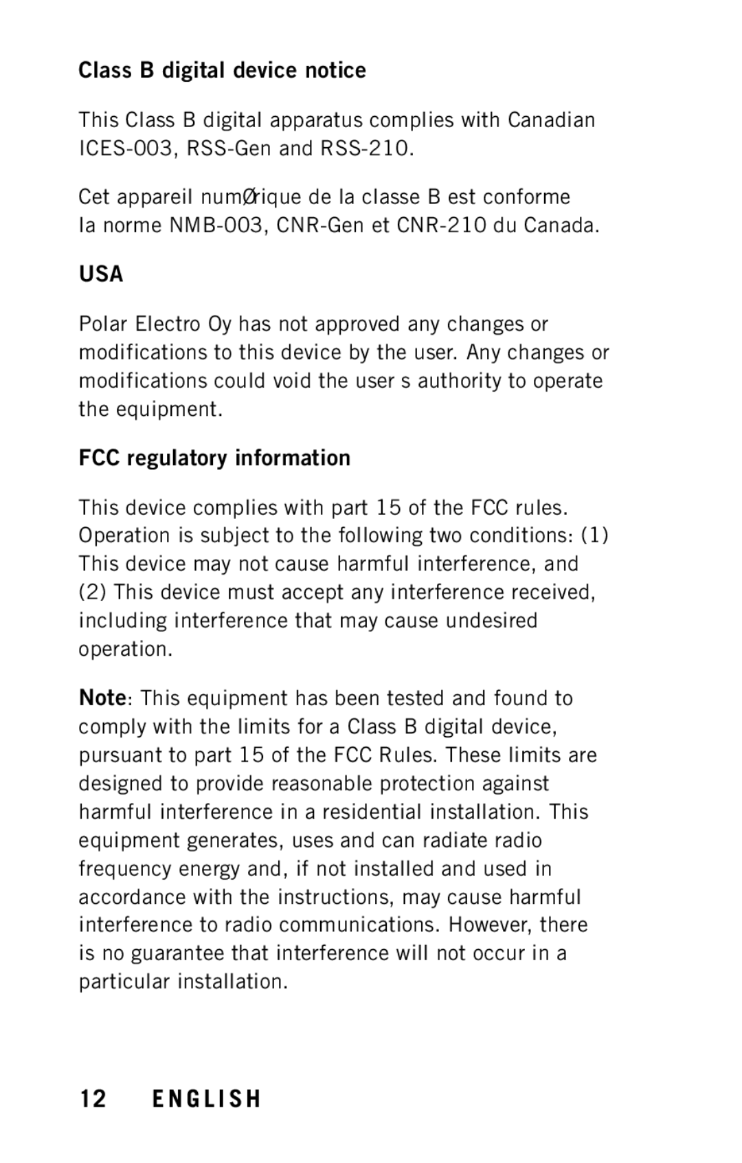 Polar Y8 user manual Class B digital device notice, FCC regulatory information 