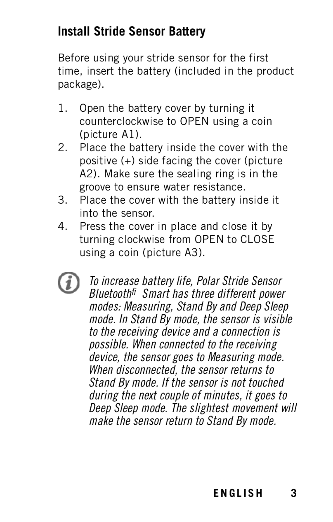 Polar Y8 user manual Install Stride Sensor Battery 