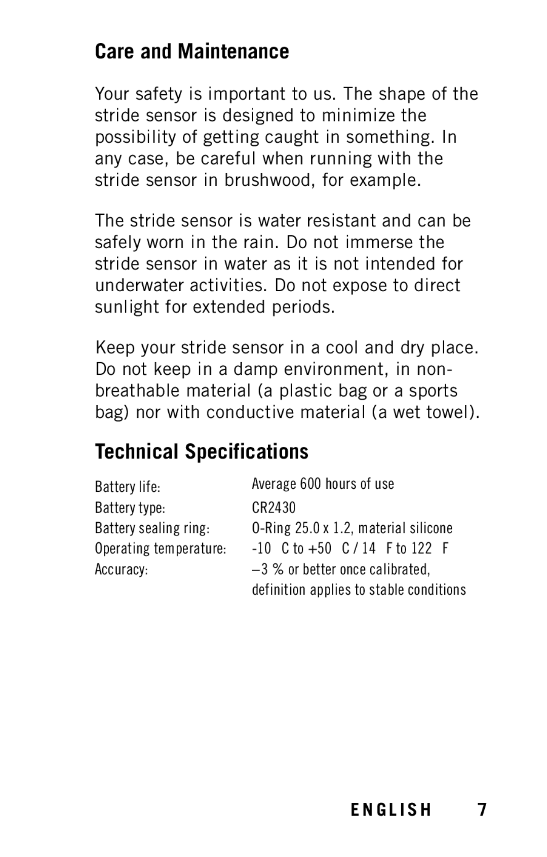 Polar Y8 user manual Care and Maintenance, Technical Specifications 