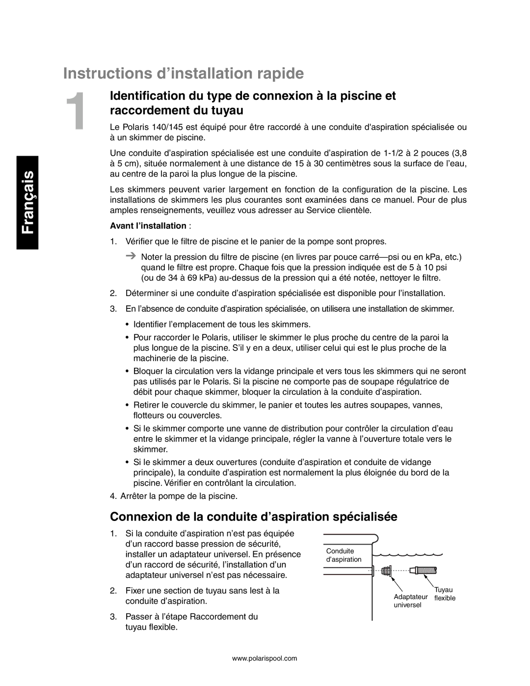 Polaris 140 Instructions d’installation rapide, Identification du type de connexion à la piscine et, Raccordement du tuyau 