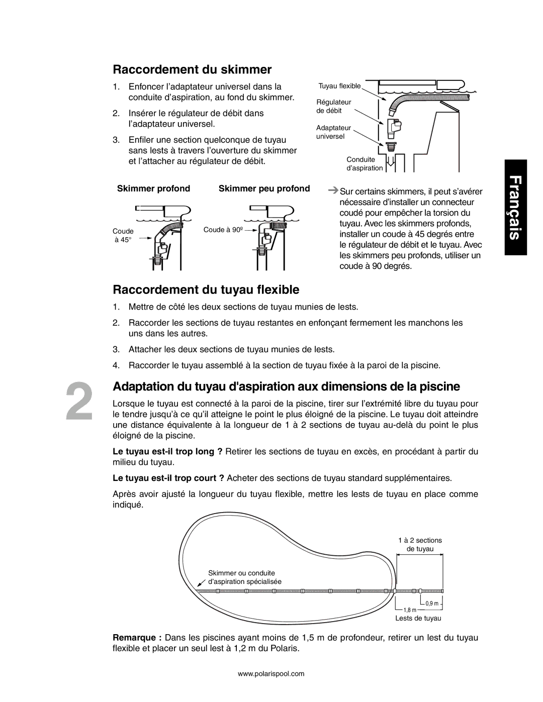 Polaris 145, 140 owner manual Raccordement du skimmer, Raccordement du tuyau flexible, Skimmer profond Skimmer peu profond 