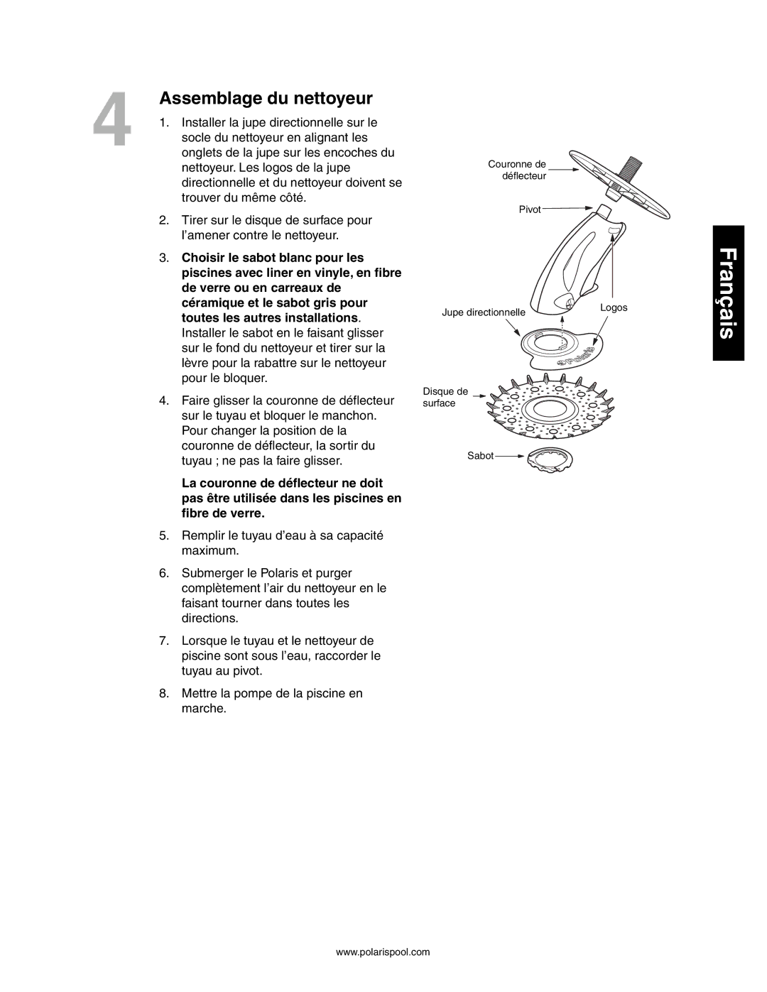 Polaris 145, 140 owner manual Assemblage du nettoyeur 