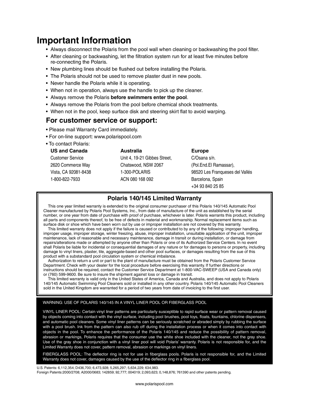 Polaris owner manual For customer service or support, Polaris 140/145 Limited Warranty, US and Canada Australia Europe 