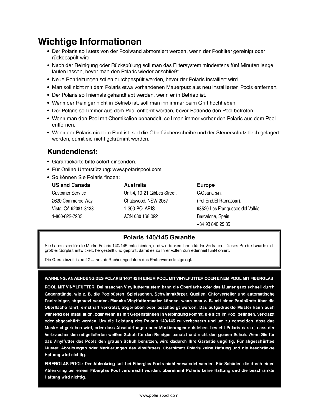 Polaris 140, 145 owner manual Wichtige Informationen, Kundendienst 