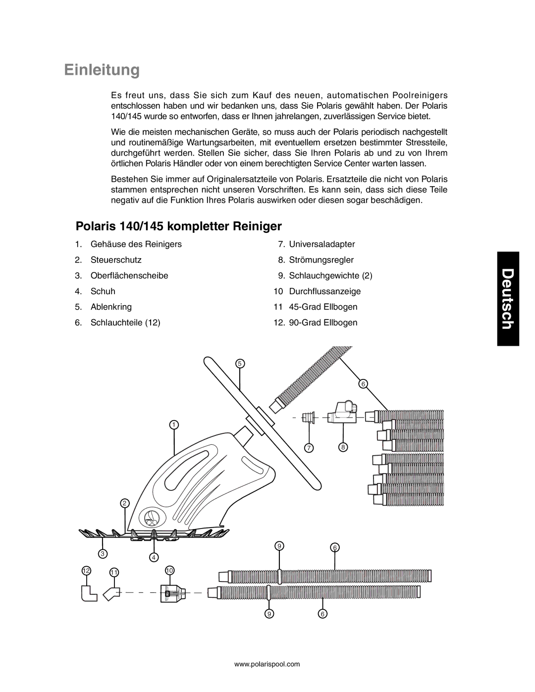 Polaris owner manual Einleitung, Polaris 140/145 kompletter Reiniger 