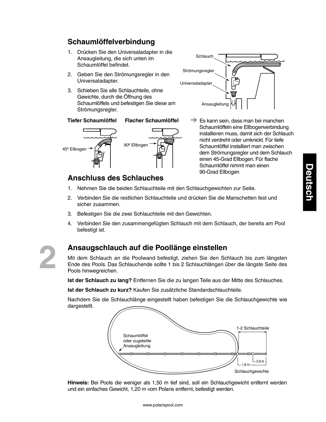 Polaris 145, 140 owner manual Schaumlöffelverbindung, Anschluss des Schlauches, Ansaugschlauch auf die Poollänge einstellen 