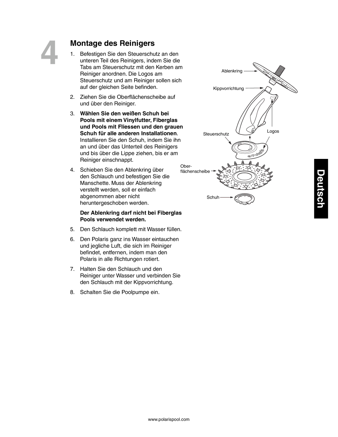 Polaris 145, 140 owner manual Montage des Reinigers 