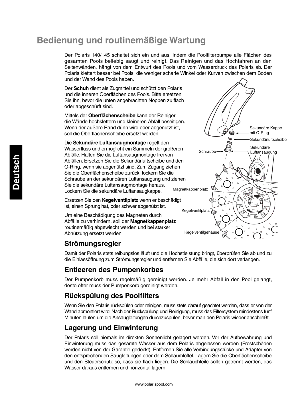 Polaris 140 Bedienung und routinemäßige Wartung, Strömungsregler, Entleeren des Pumpenkorbes, Rückspülung des Poolfilters 