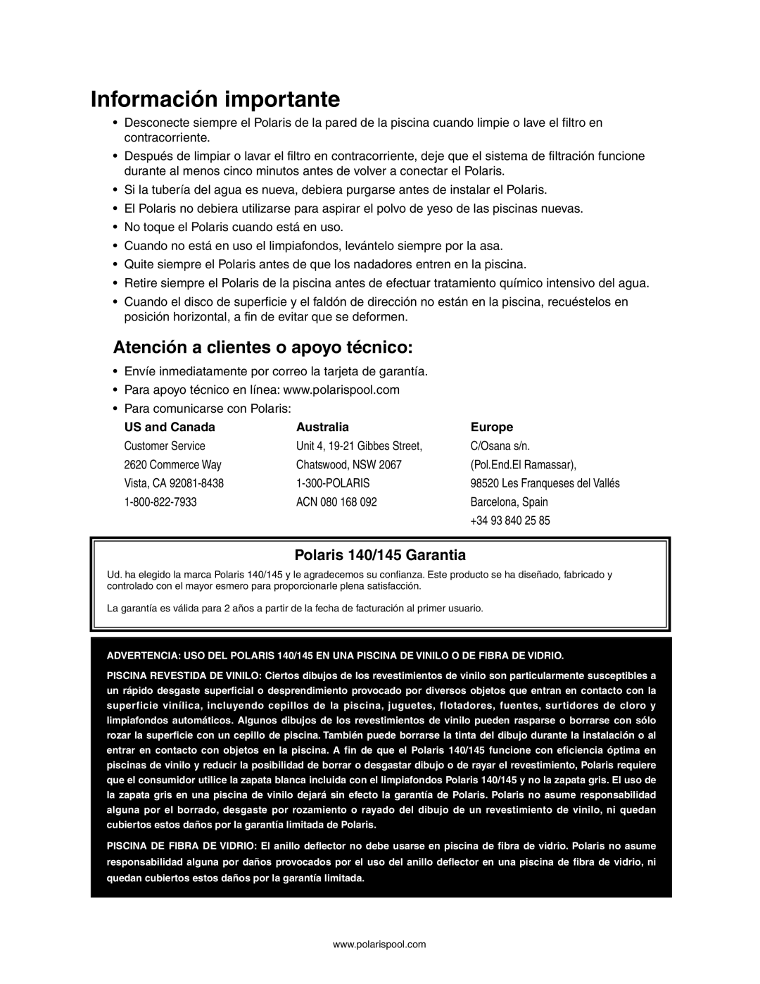 Polaris owner manual Atención a clientes o apoyo técnico, Polaris 140/145 Garantia 