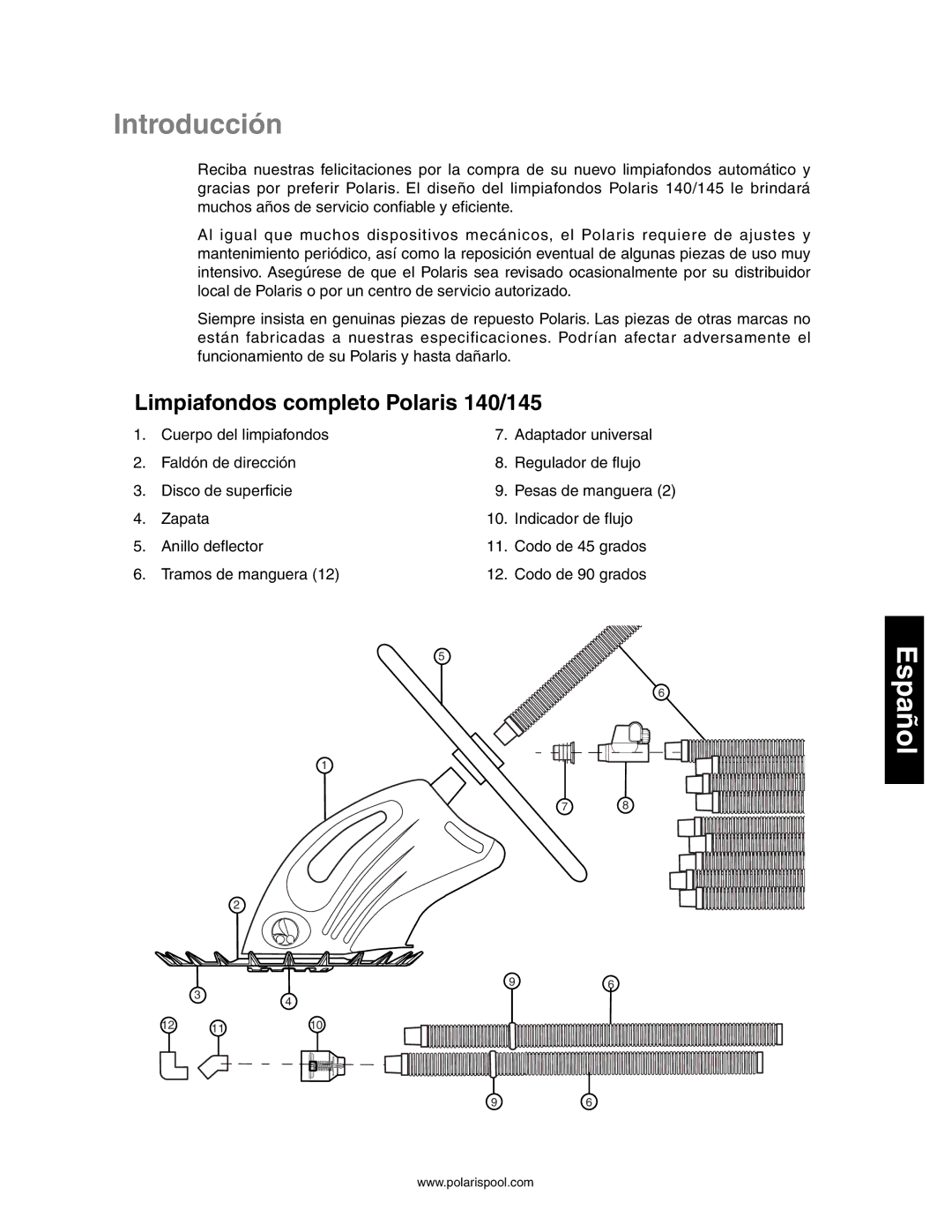 Polaris owner manual Introducción, Limpiafondos completo Polaris 140/145 