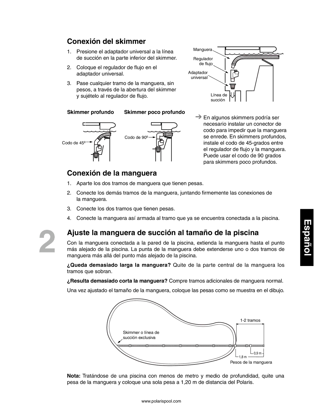 Polaris 145, 140 Conexión del skimmer, Conexión de la manguera, Ajuste la manguera de succión al tamaño de la piscina 