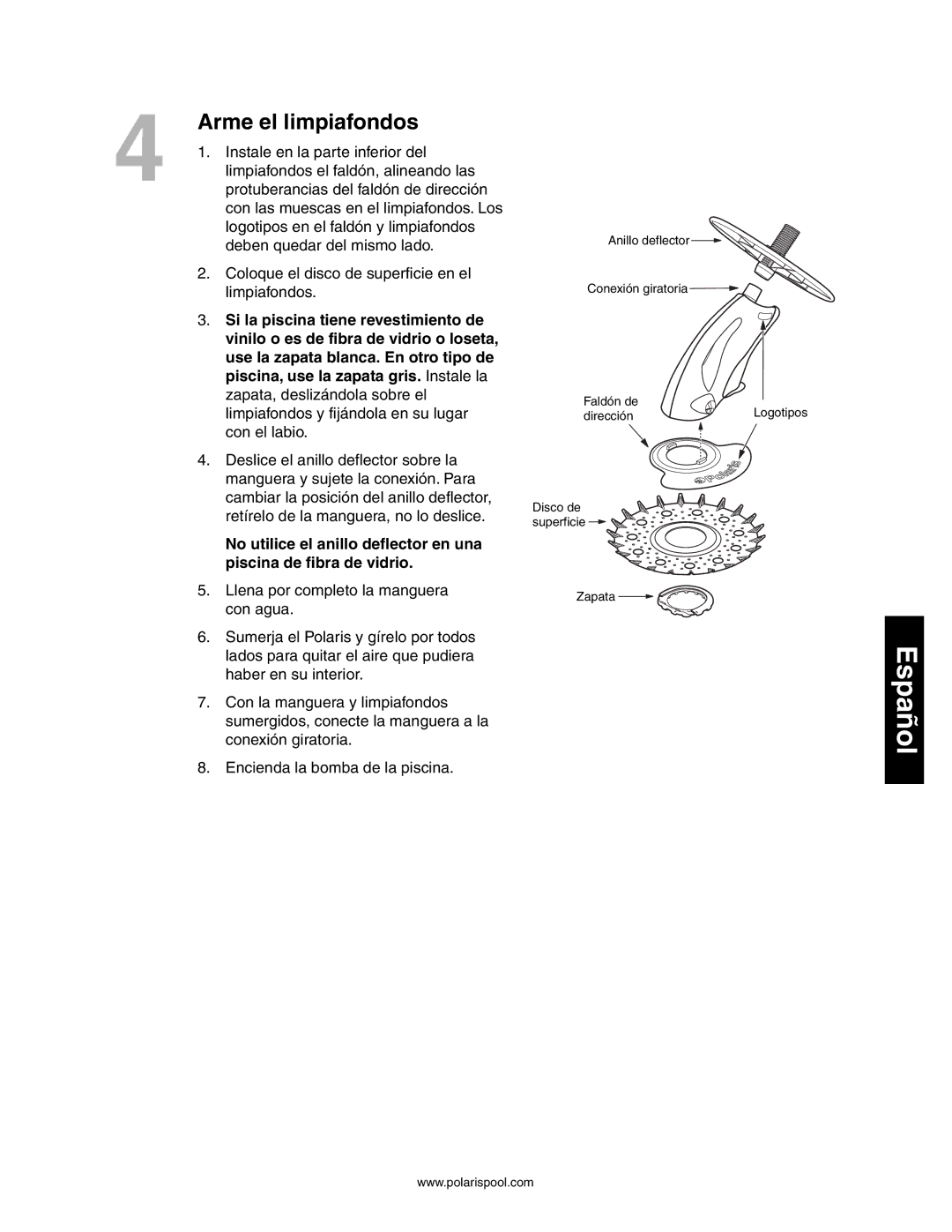 Polaris 145, 140 owner manual Arme el limpiafondos 