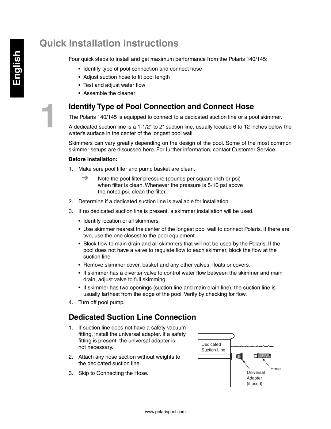 Polaris 140, 145 Quick Installation Instructions, Identify Type of Pool Connection and Connect Hose, Before installation 