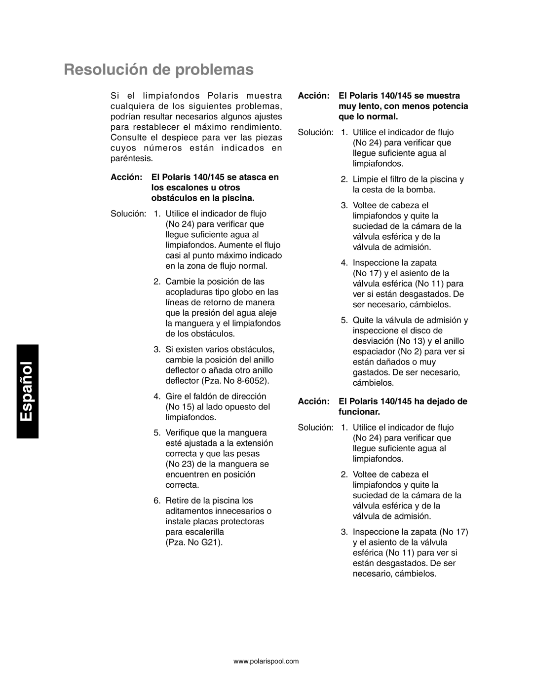 Polaris owner manual Resolución de problemas, Acción El Polaris 140/145 ha dejado de funcionar 