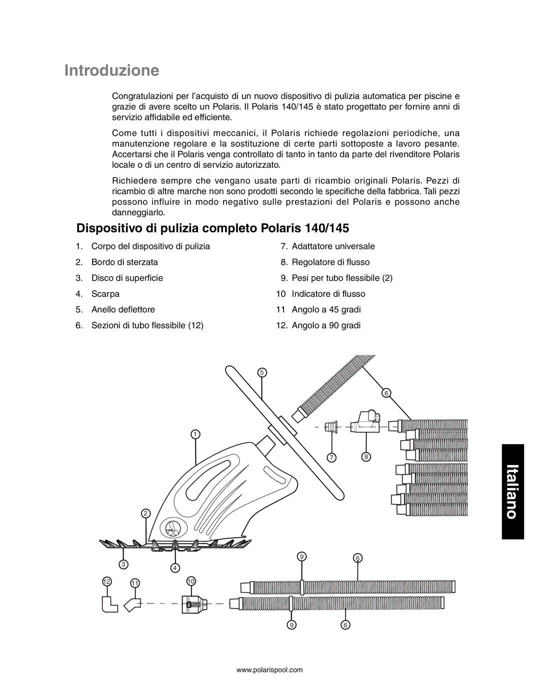 Polaris owner manual Introduzione, Dispositivo di pulizia completo Polaris 140/145 