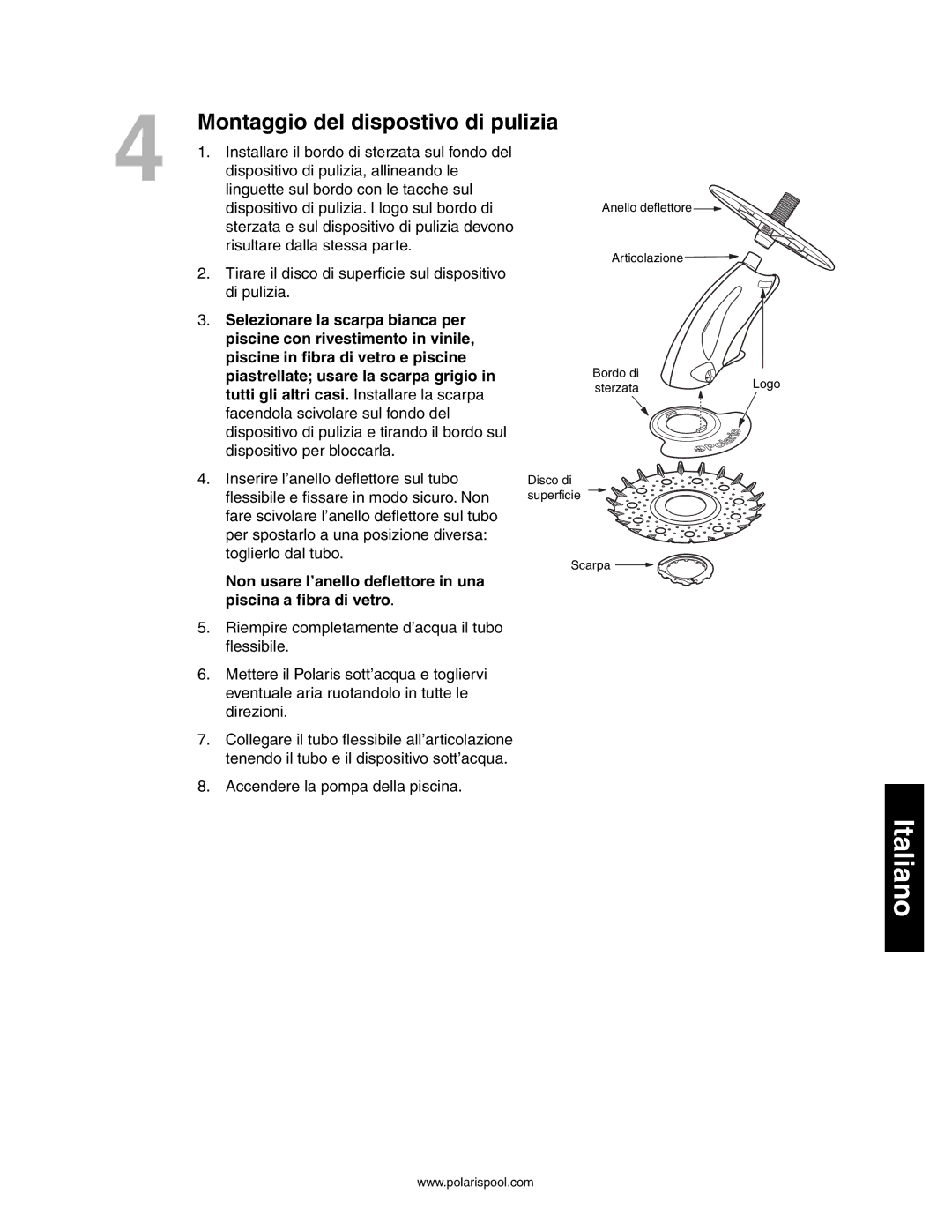 Polaris 145, 140 owner manual Montaggio del dispostivo di pulizia 