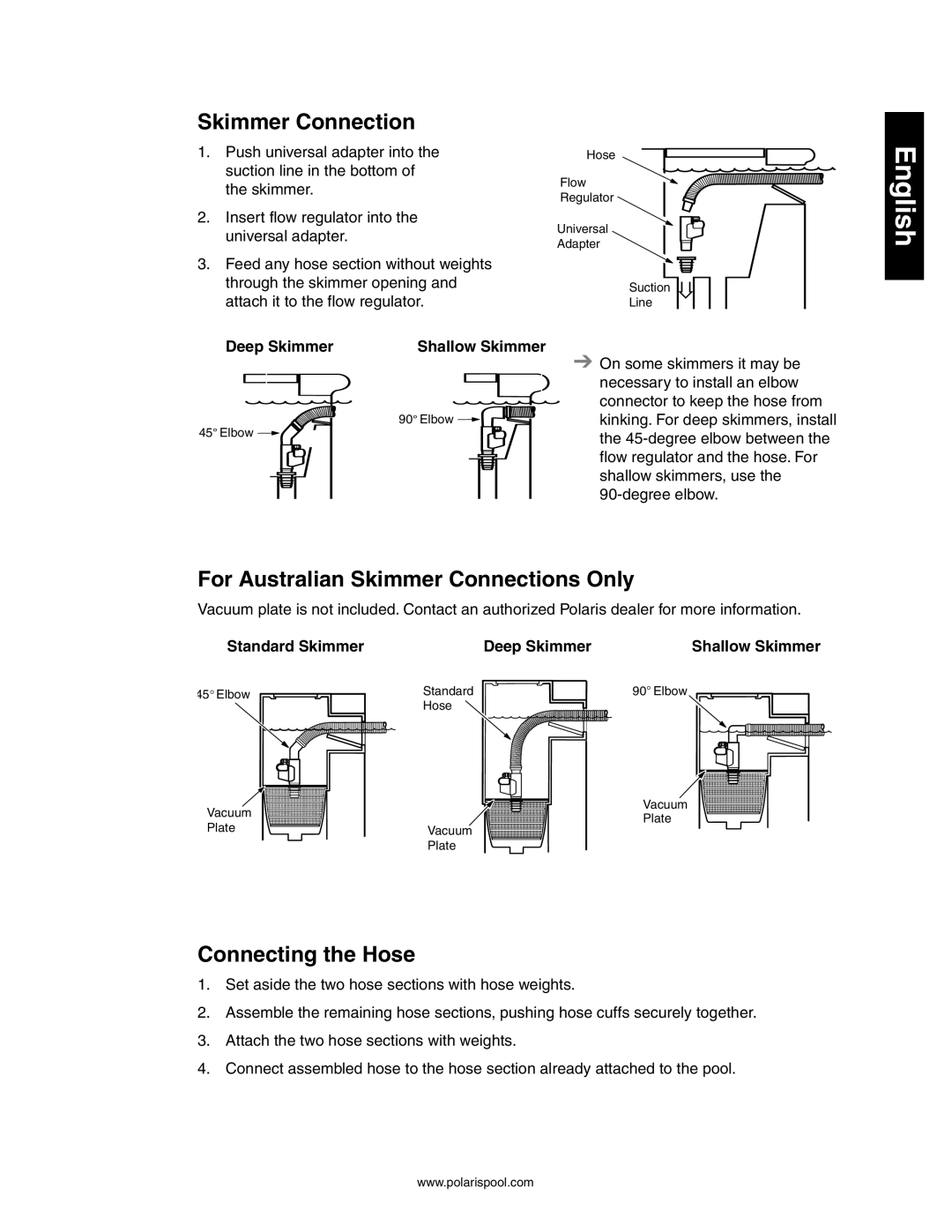 Polaris 145, 140 For Australian Skimmer Connections Only, Connecting the Hose, Deep Skimmer, Standard Skimmer 