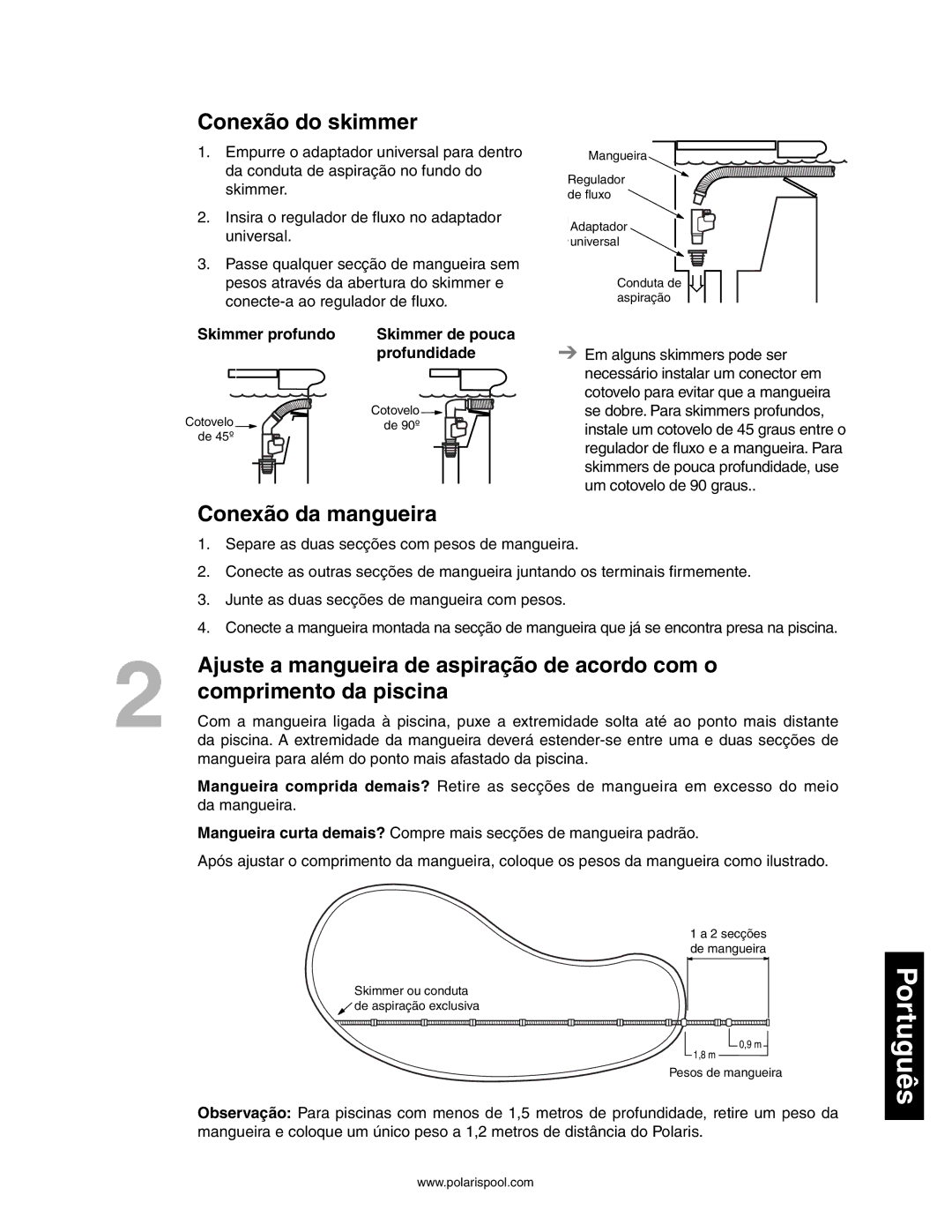 Polaris 145, 140 owner manual Conexão do skimmer, Conexão da mangueira, Skimmer profundo, Profundidade 