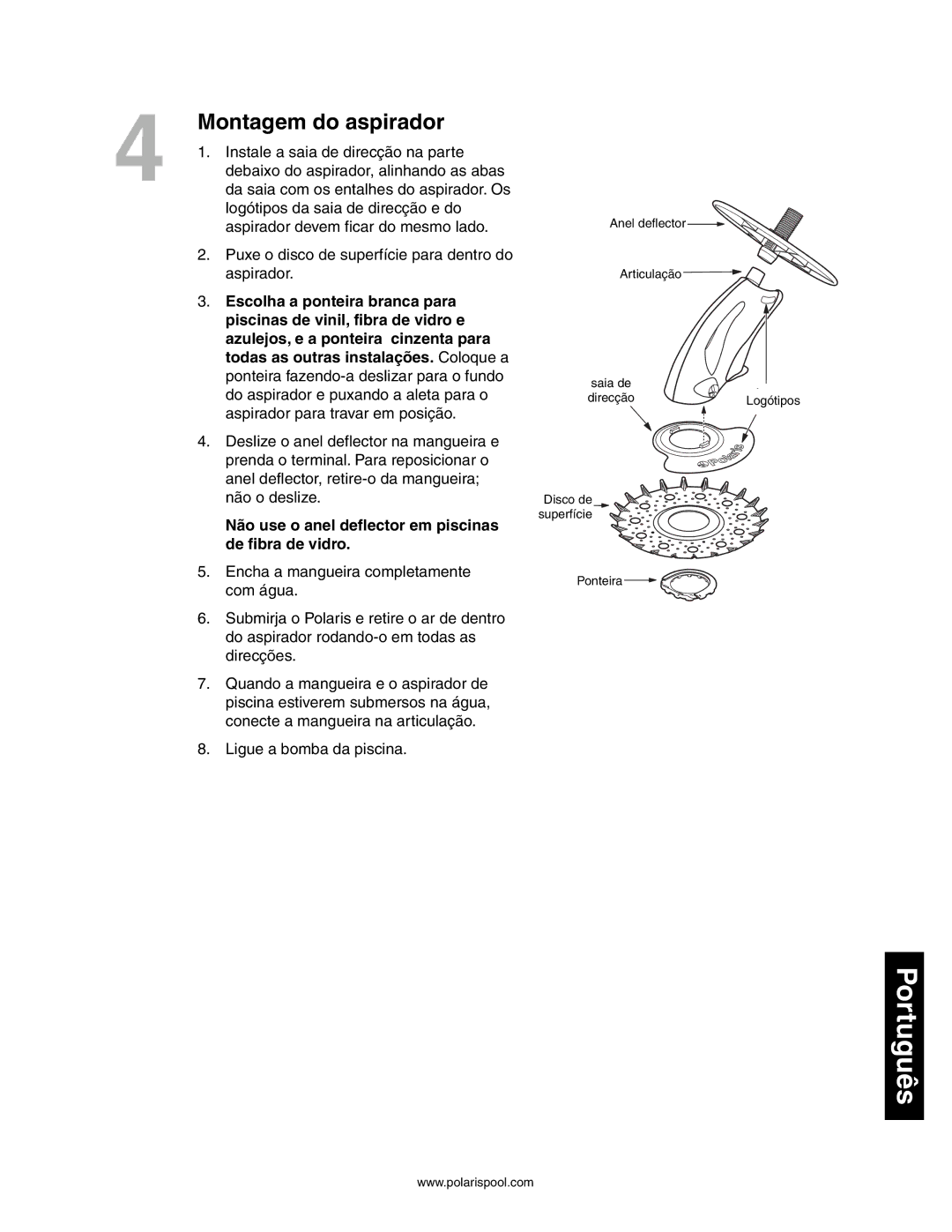 Polaris 145, 140 owner manual Montagem do aspirador 