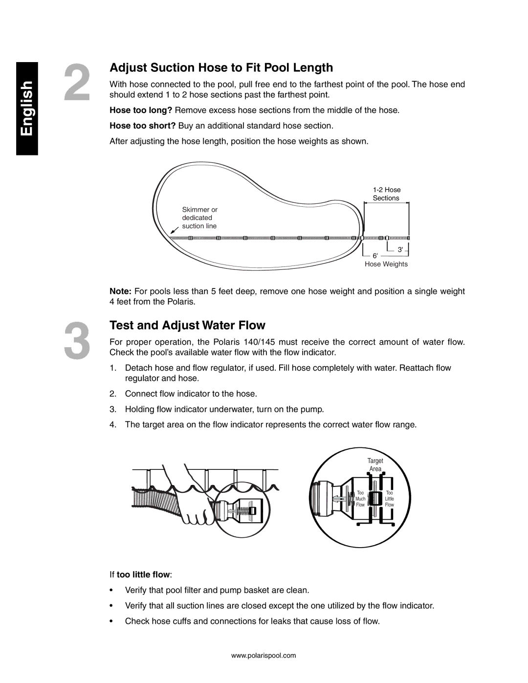 Polaris 140, 145 owner manual Adjust Suction Hose to Fit Pool Length, Test and Adjust Water Flow, If too little flow 