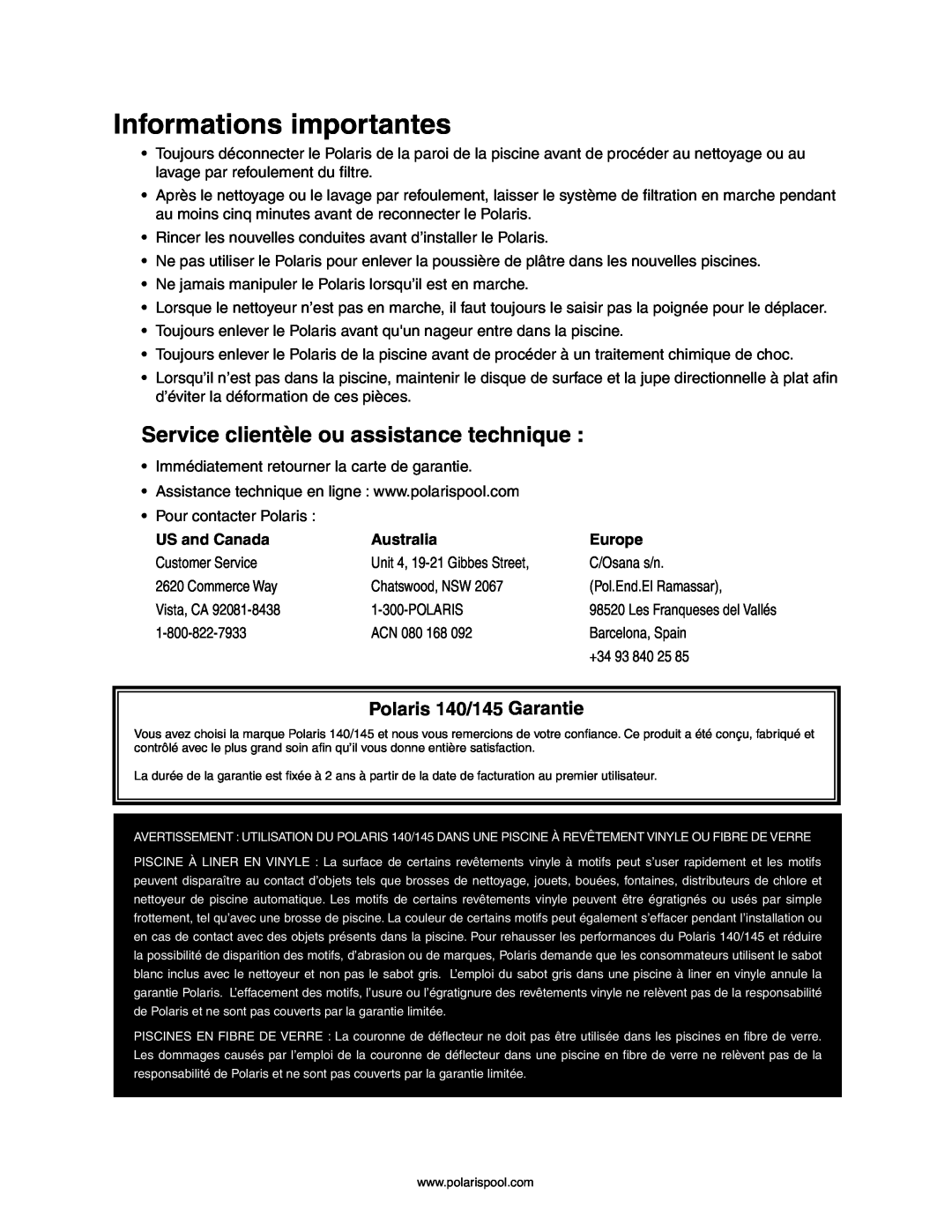 Polaris owner manual Informations importantes, Service clientèle ou assistance technique, Polaris 140/145 Garantie 