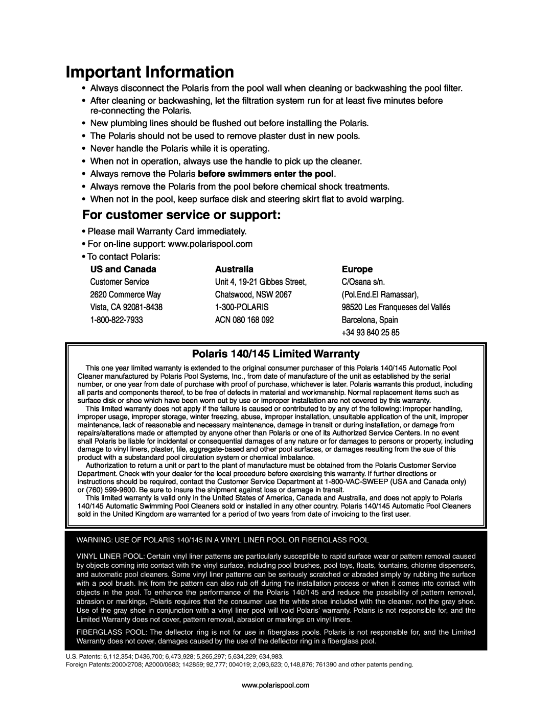 Polaris owner manual Important Information, For customer service or support, Polaris 140/145 Limited Warranty 
