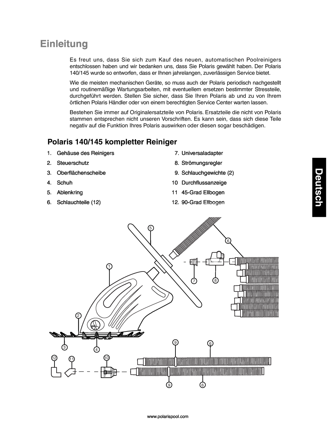Polaris owner manual Einleitung, Deutsch, Polaris 140/145 kompletter Reiniger 