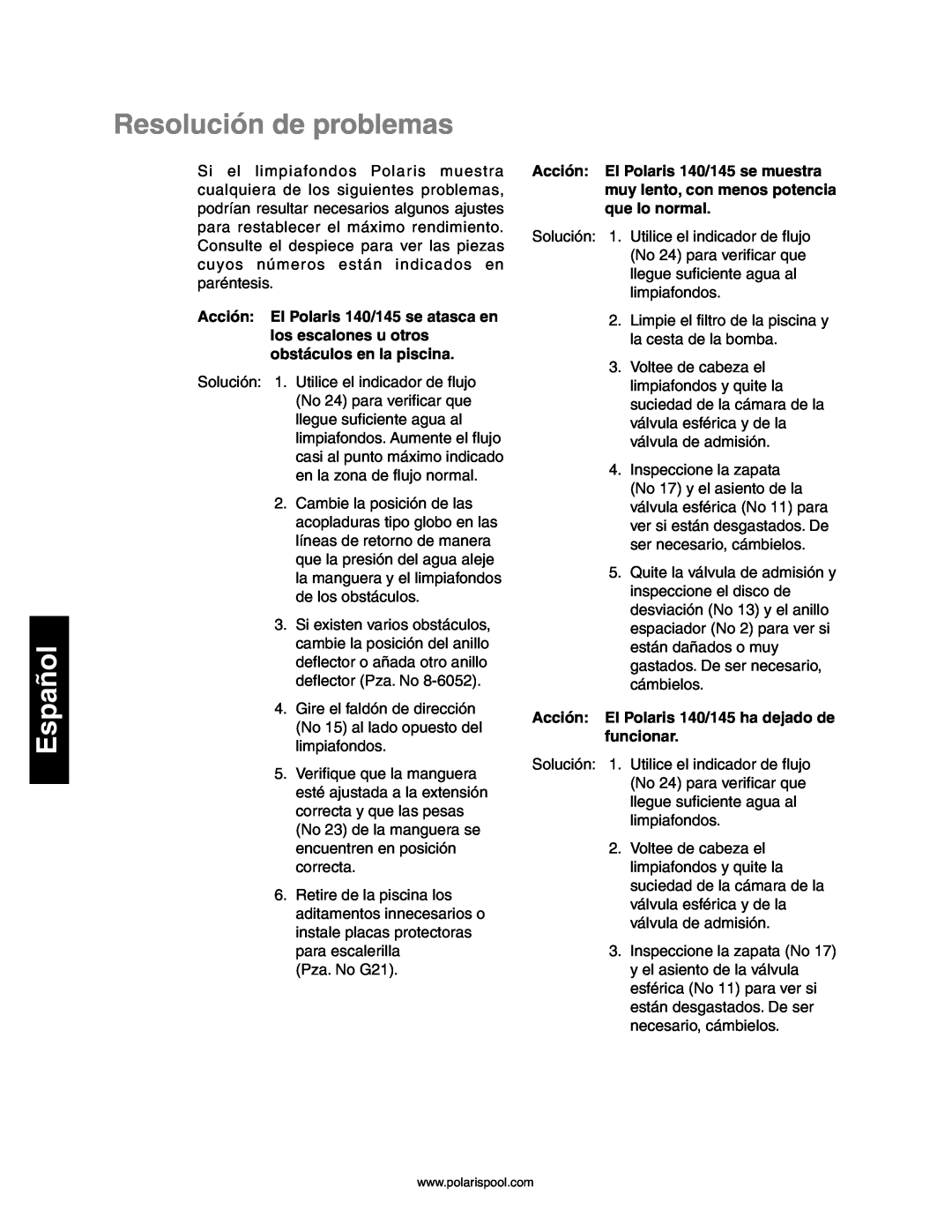 Polaris 140, 145 owner manual Resolución de problemas, Español 