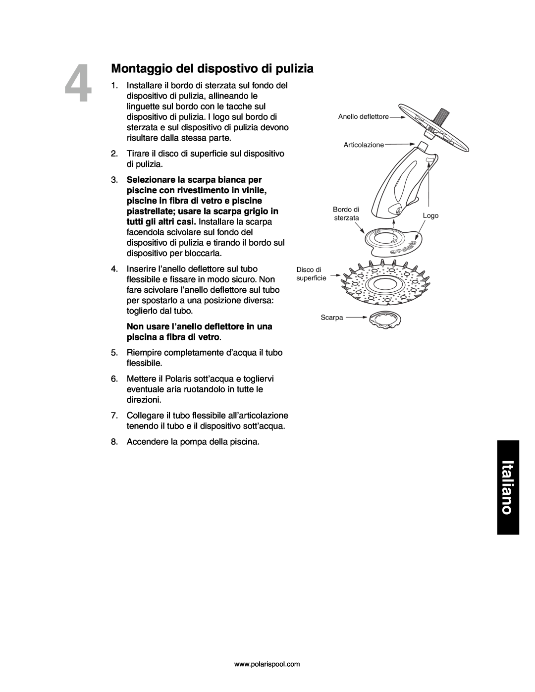 Polaris 145, 140 owner manual Montaggio del dispostivo di pulizia, Italiano 